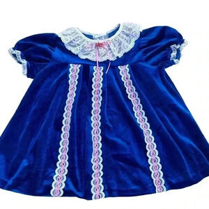 Vintage Blue Velvet Girls Dress Lace Trim & Pink Ribbon Accents Coquette 4T USA